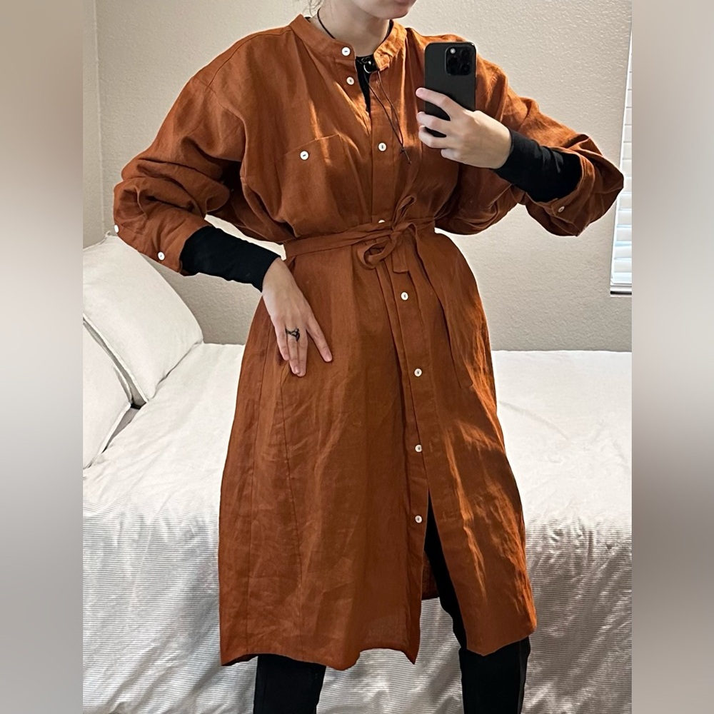 Terracotta linen shirt dress